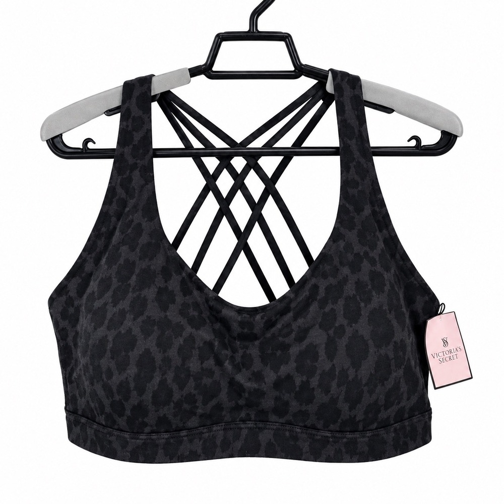 Victoria's Secret Sports Bra Women's XL Strappy Back Black Leopard New